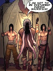 Get the sacrifice ready. Remove her clothes and show me her pale cartoon boobs